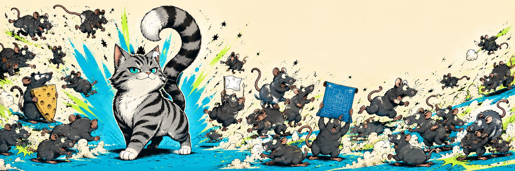 The full battlefield: the cat stands centre-left while dozens of rats charge in from the right carrying flags, blueprints and cheese
